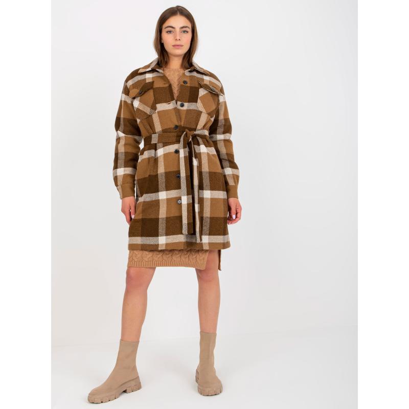 Dámský kabát se zapínáním na knoflíky kostkovaný HAYLEY hnědý 