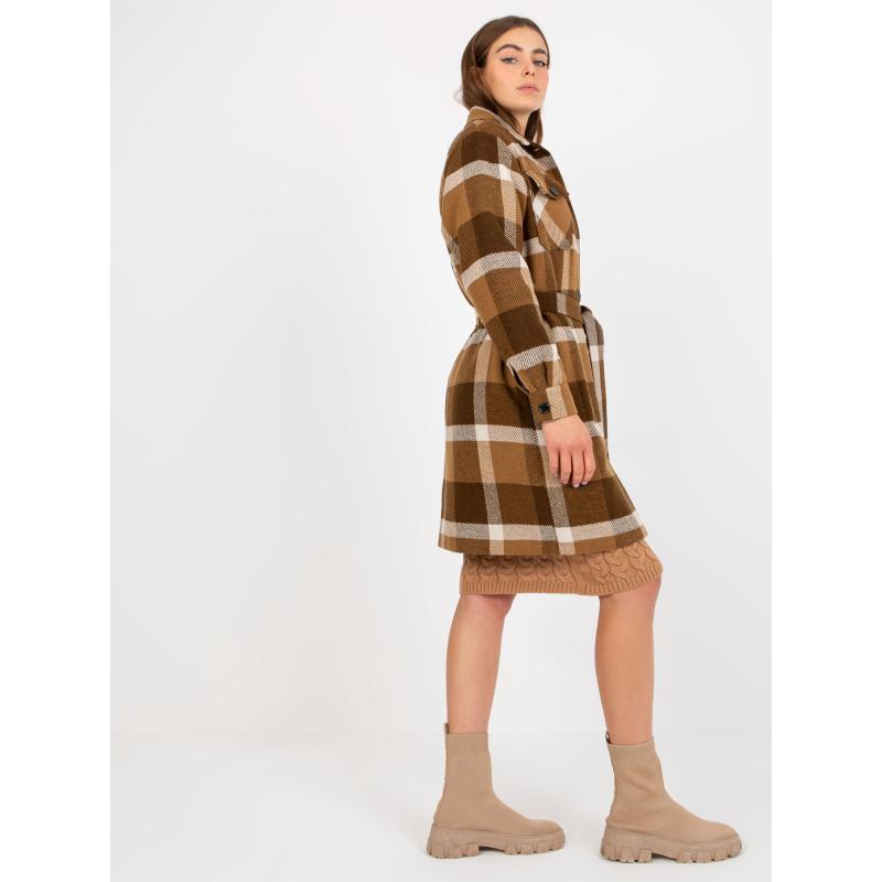 Dámský kabát se zapínáním na knoflíky kostkovaný HAYLEY hnědý 