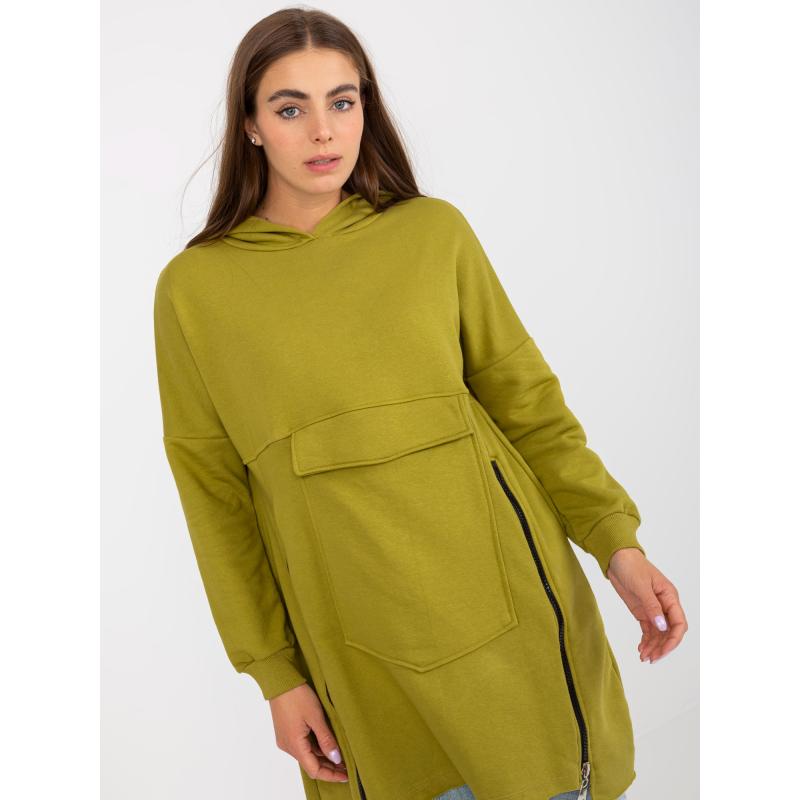Női pulóver zsebbel LINA oliva színű