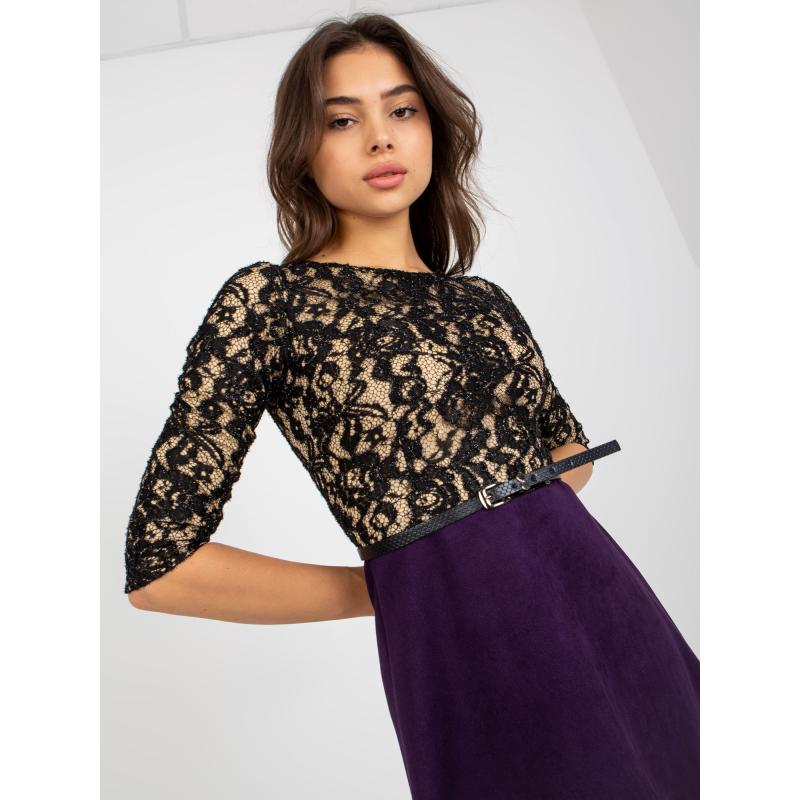 Dámske šaty s čipkovým vrškom koktailové MILANIA čierno-tmavo fialové