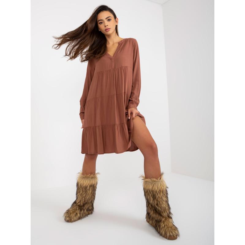 Női V-nyakú midi fodros ruha SUBLEVEL barna