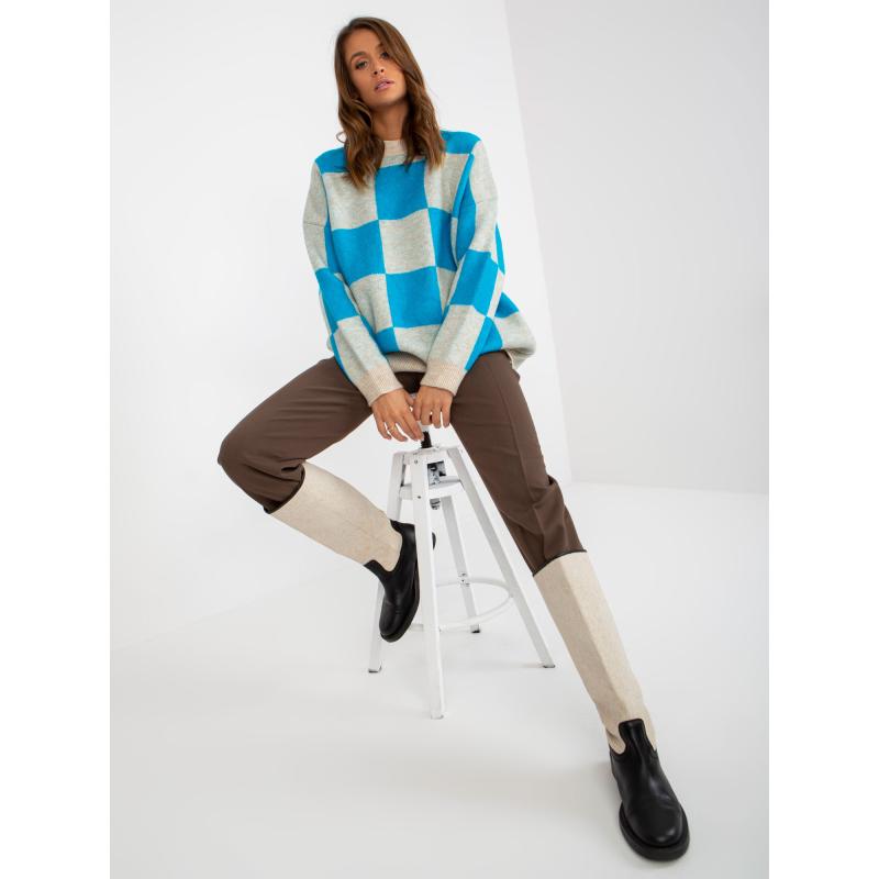 Női oversize kockás pulóver DORIANE kék és bézs színben