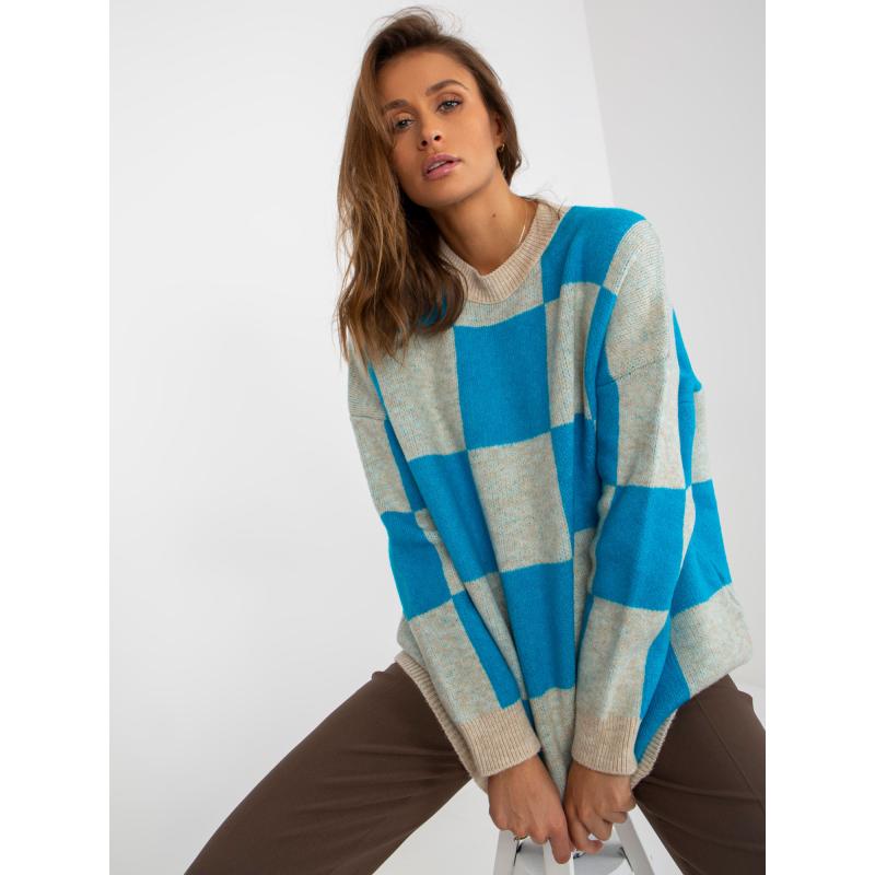 Női oversize kockás pulóver DORIANE kék és bézs színben