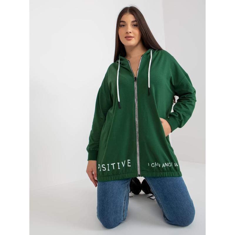 Dámská mikina plus size s kapucí bez zipu JAYDA tmavě zelená 