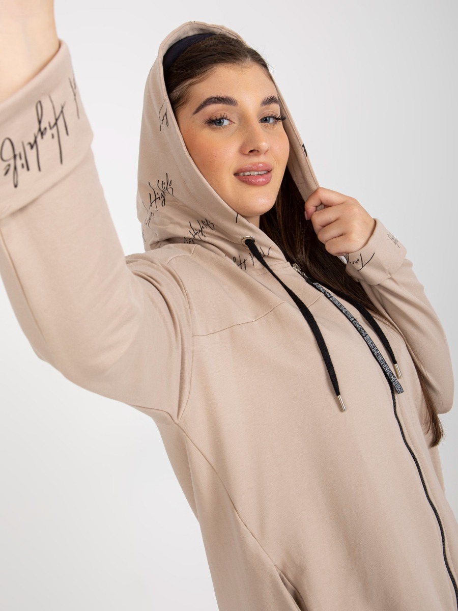 Női plus size kapucnis pulóver cipzár nélkül zsebekkel AILA bézs színű