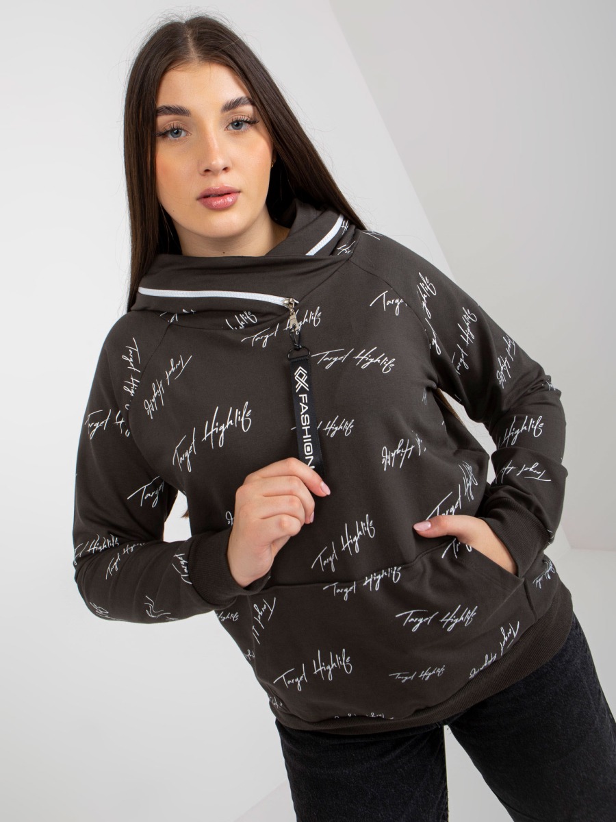 Női plus size kapucnis pulóver DEBORAH khaki színű nyomtatással