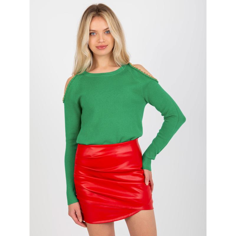 Dámský svetr s odhalenými rameny a řetízky GLORIA zelený 