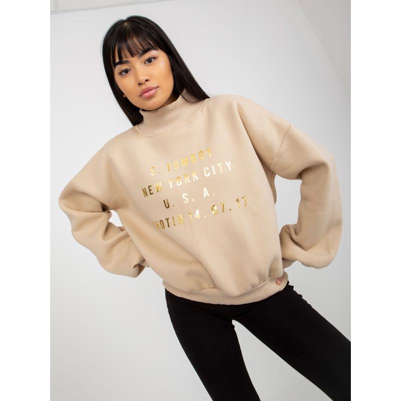 Női pulóver nyomtatással és garbóval NYNETE bézs színben