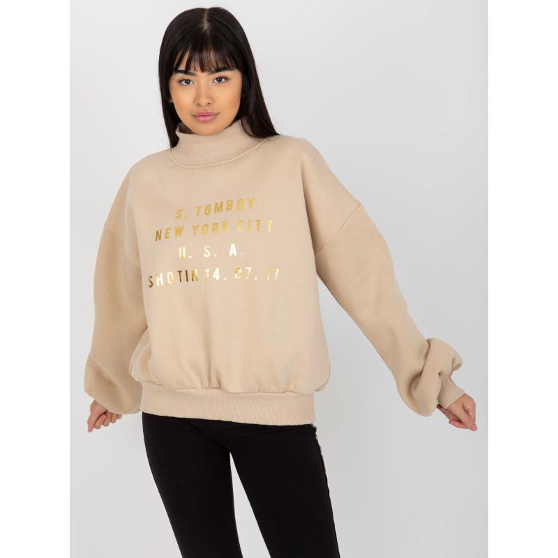 Női pulóver nyomtatással és garbóval NYNETE bézs színben