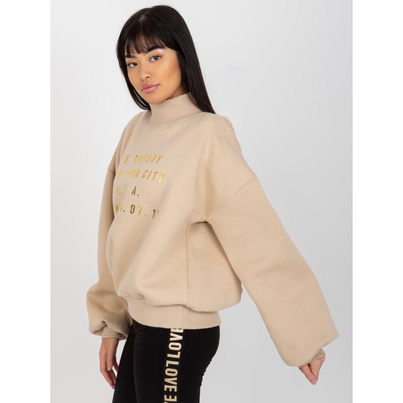 Női pulóver nyomtatással és garbóval NYNETE bézs színben