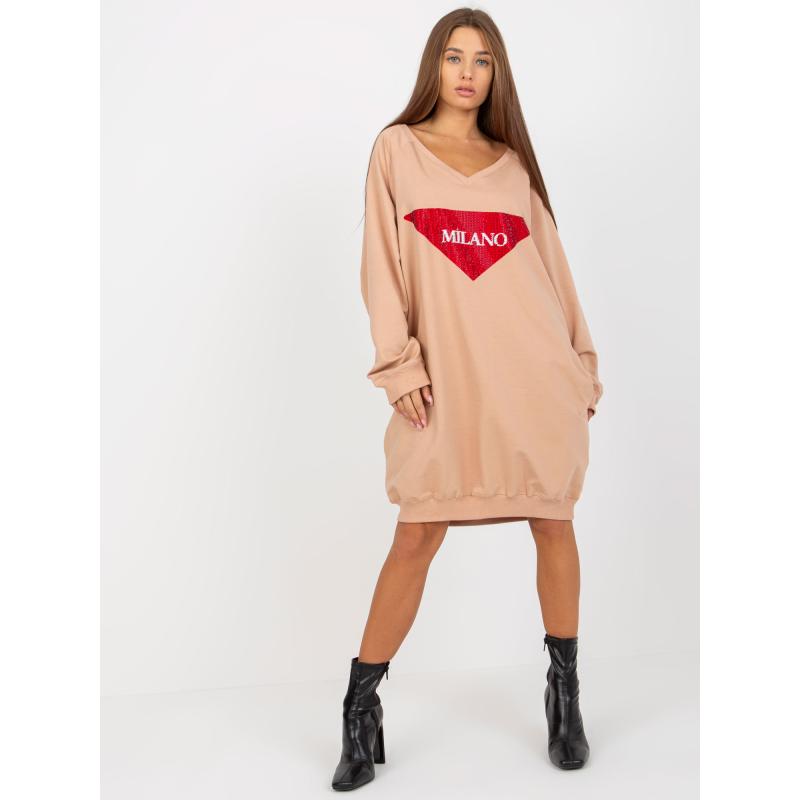 Bluza damska oversize z aplikacją z dżetów CHERE beżowa