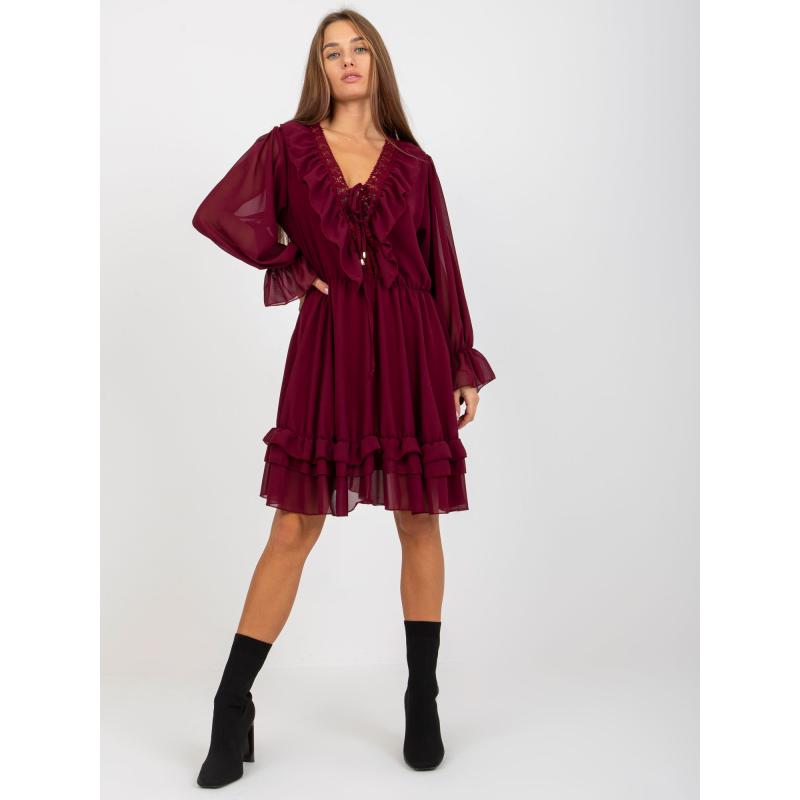 Sukienka damska z falbanką OCH BELLA bordowa
