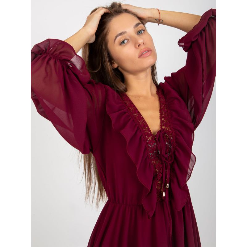 Sukienka damska z falbanką OCH BELLA bordowa