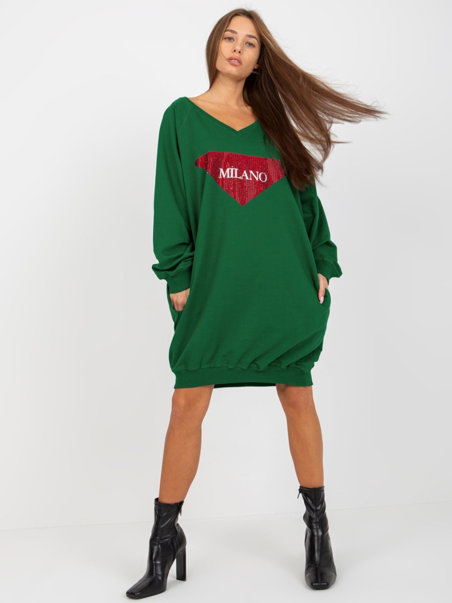 Női blúz oversize LINE applikációval, sötétzöld színben
