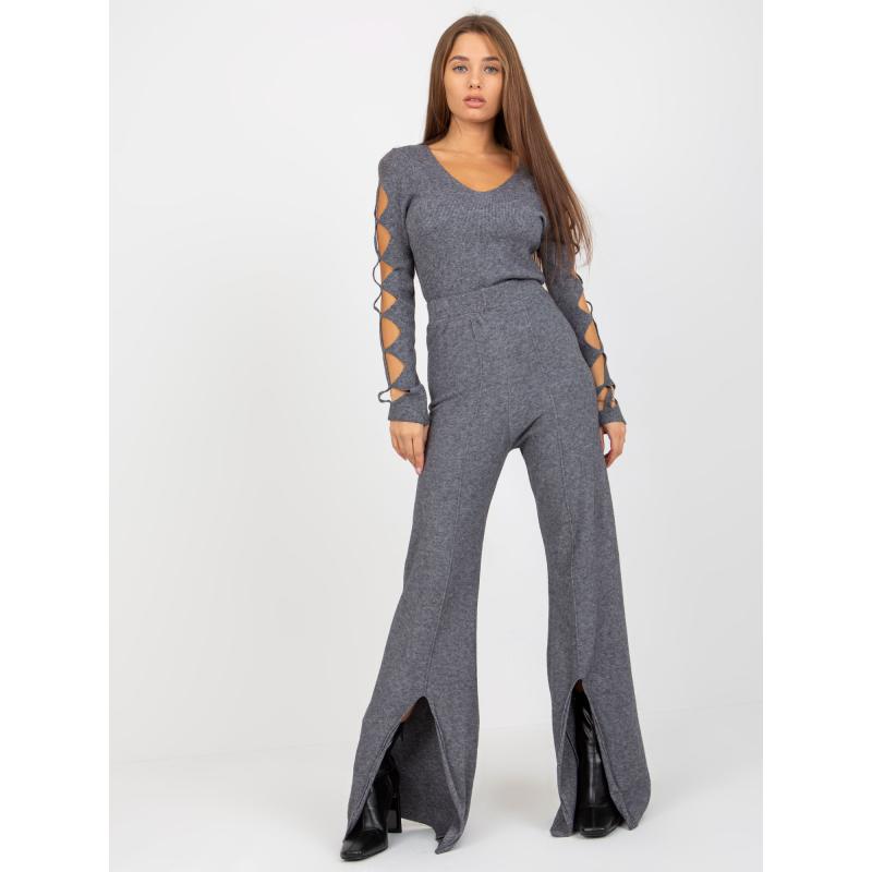 Dámské kalhoty s vysokým rozparkem v pase BRIGITA tmavě šedé  