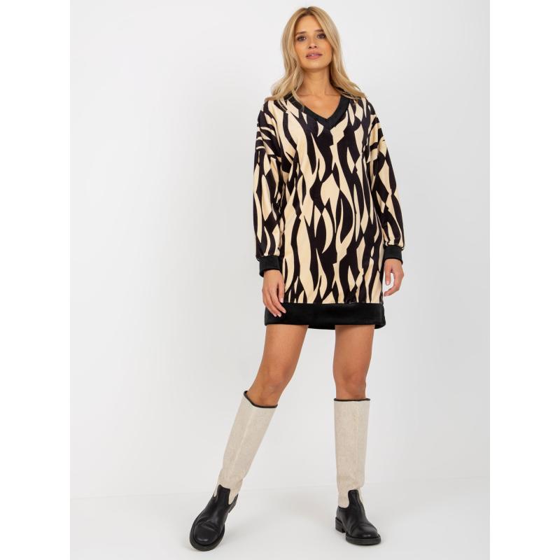 Női V-nyakú velúr miniruha RUE PARIS világos bézs és fekete színben