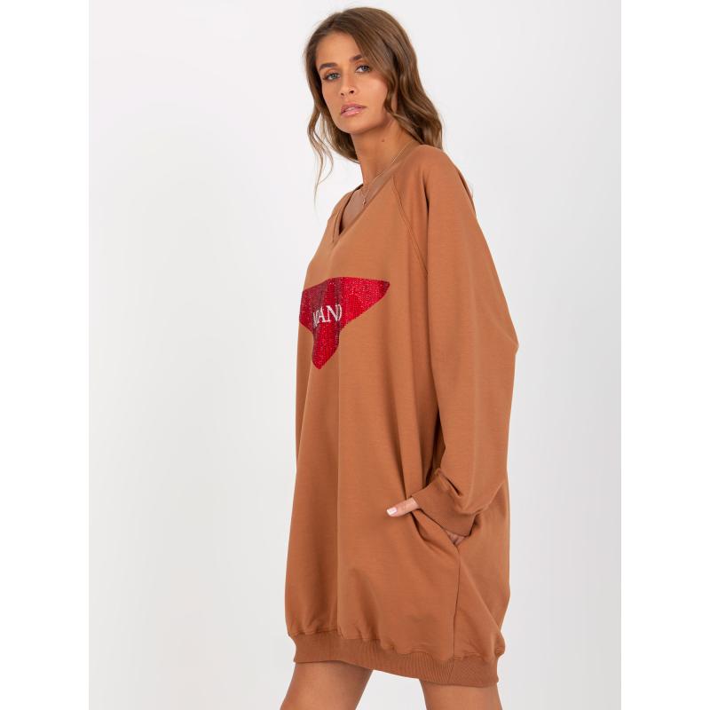 Dámska mikina s nápismi svetlo OVERSIZE hnedá