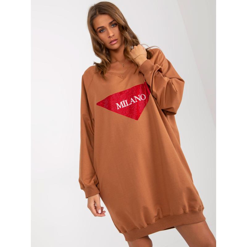 Dámska mikina s nápismi svetlo OVERSIZE hnedá