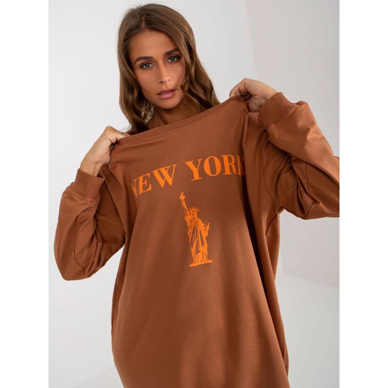 Dámska mikina s potlačou OVERSIZE svetlo hnedá a oranžová