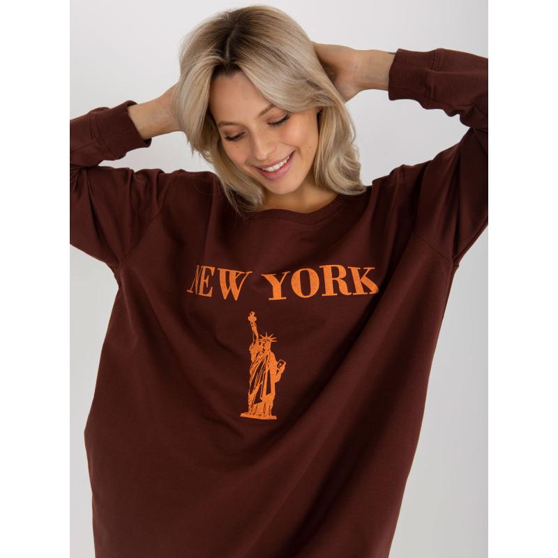 Dámska mikina s potlačou oversize RELA tmavo hnedá a oranžová