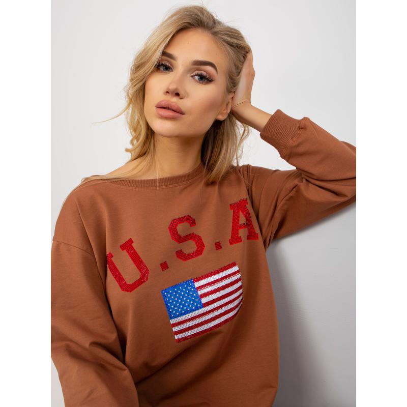 Női pulóver nyomtatással és applikációval ALLISON világosbarna színben