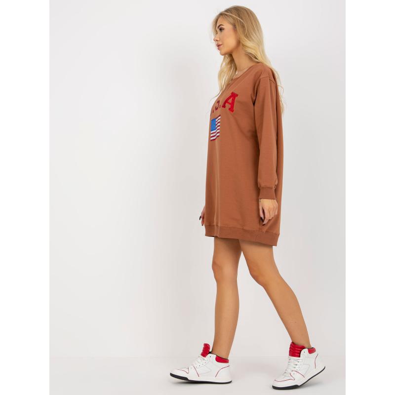 Női pulóver nyomtatással és applikációval ALLISON világosbarna színben