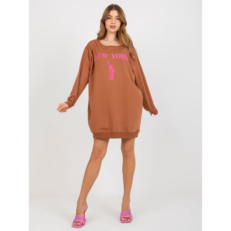 Dámska mikina s potlačou dlhá oversize ISABELLA svetlo hnedoružová