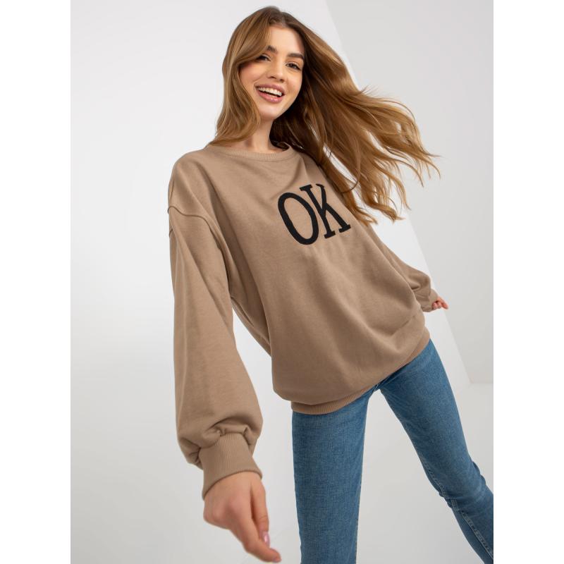 Női kapucnis pulóver SKY nyomtatással sötét bézs színű