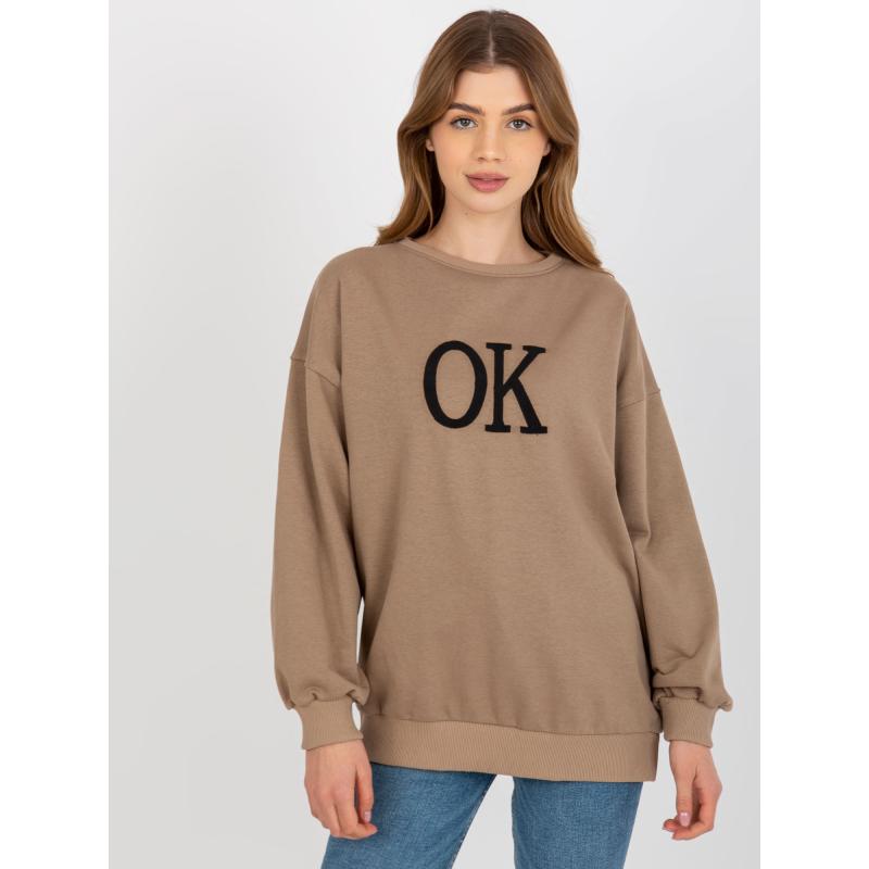 Női kapucnis pulóver SKY nyomtatással sötét bézs színű