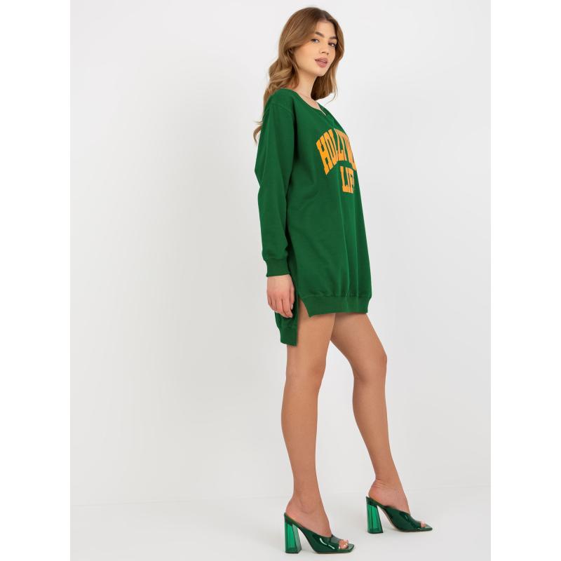 Női oversize pulóver AFTON nyomtatással sötétzöld és narancssárga színben