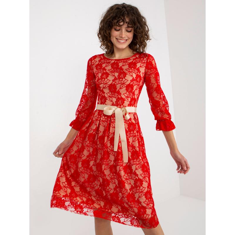 Dámske šaty s viazaním krajkové midi koktailové ROS červené