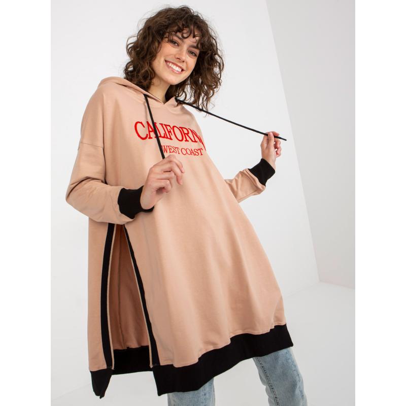 Női kapucnis pulóver oversize felirattal hosszú CHYNA bézs női kapucnis pulóver