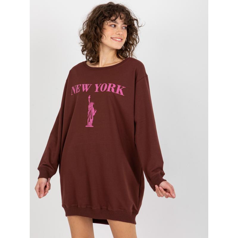 Dámská mikina s potiskem dlouhá oversize KERSTIN tmavě hnědá a růžová 