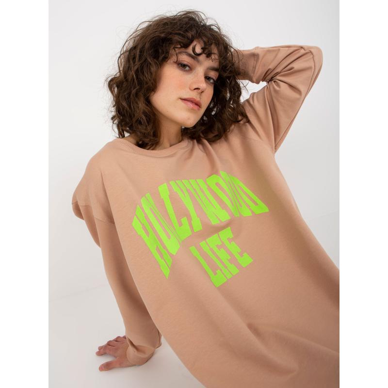 Női hosszú oversize nyomtatott pulóver KERSTIN sötétbézs és zöld színben