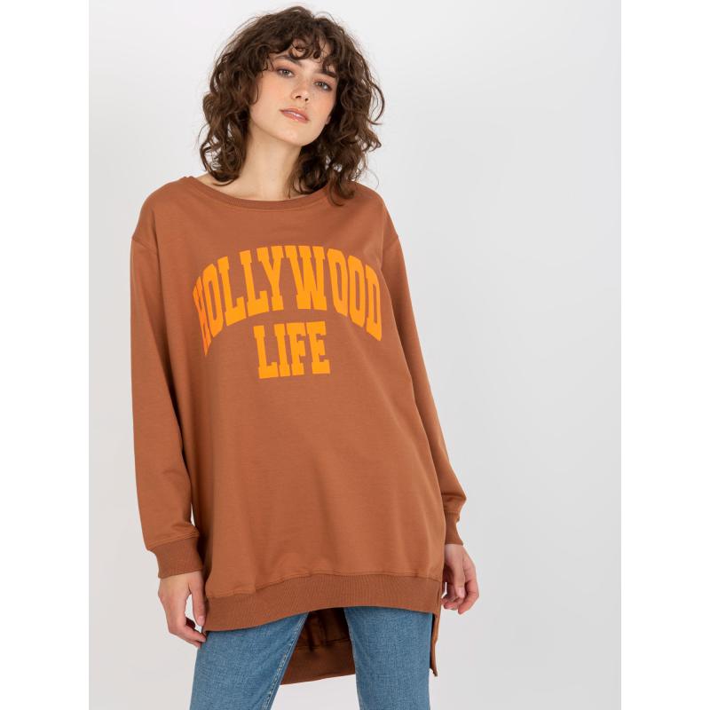 Dámská mikina s potiskem dlouhá oversize KERSTIN světle hnědá a oranžová  