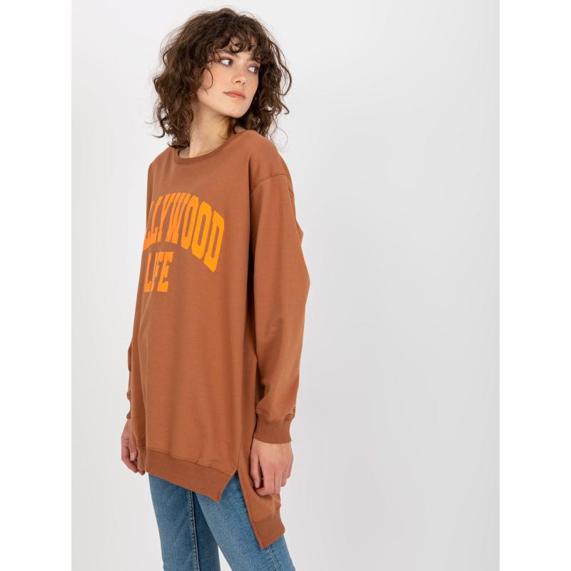 Dámská mikina s potiskem dlouhá oversize KERSTIN světle hnědá a oranžová  