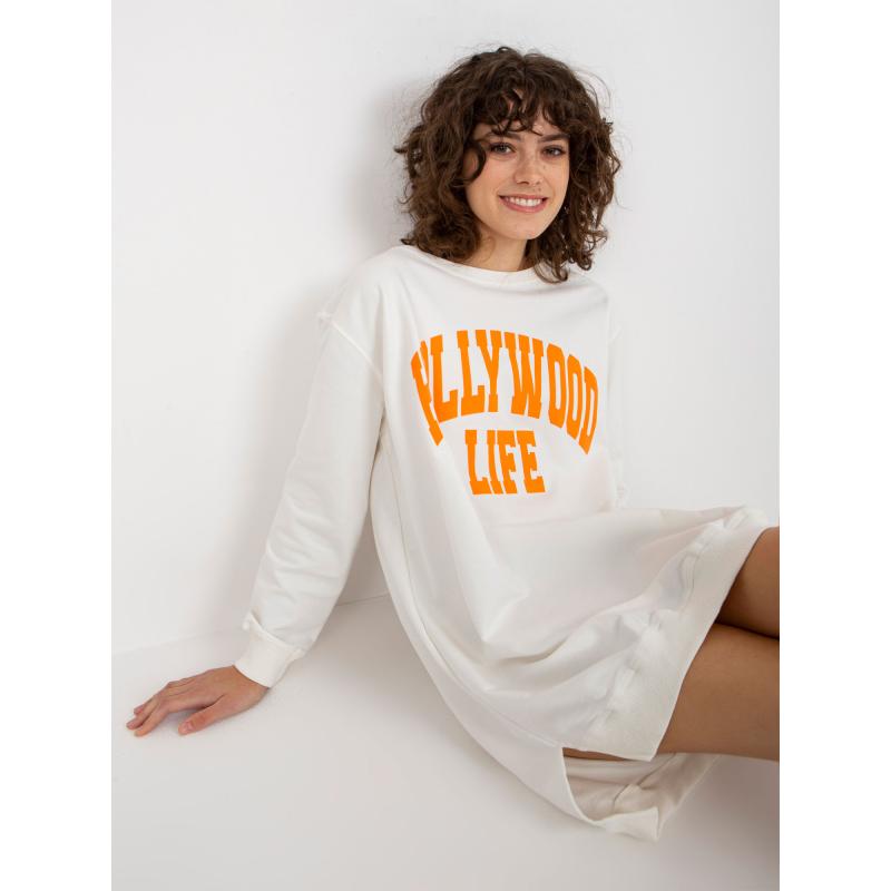 Női hosszú oversize kapucnis pulóver MIAH felirattal, ekrü és narancssárga színben