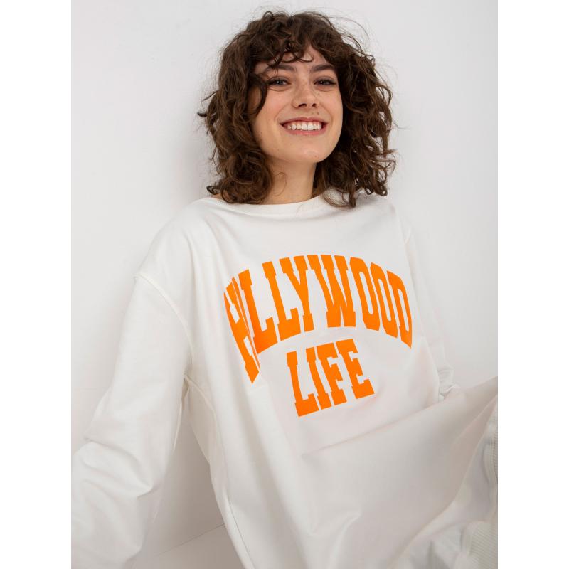 Női hosszú oversize kapucnis pulóver MIAH felirattal, ekrü és narancssárga színben