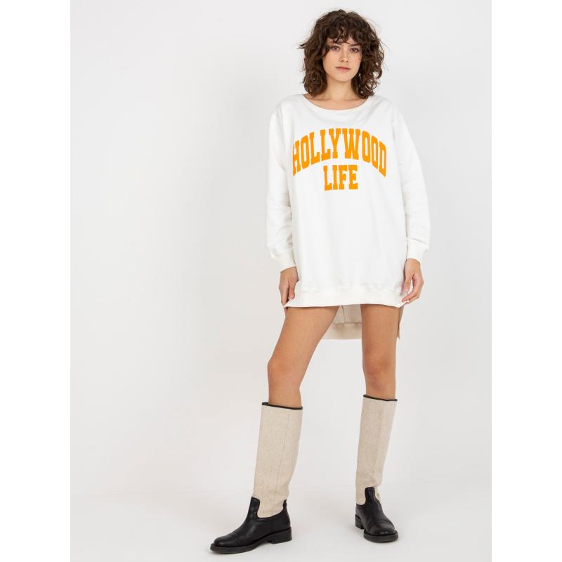 Női hosszú oversize kapucnis pulóver MIAH felirattal, ekrü és narancssárga színben