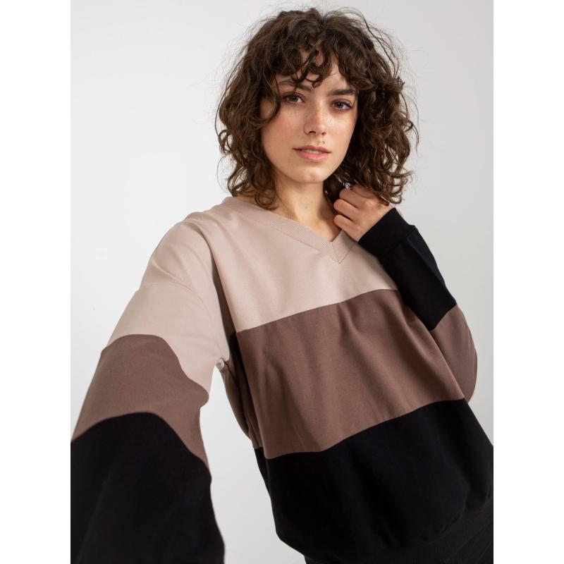 Dámská mikina s výstřihem do V RUE PARIS béžovo-černá 