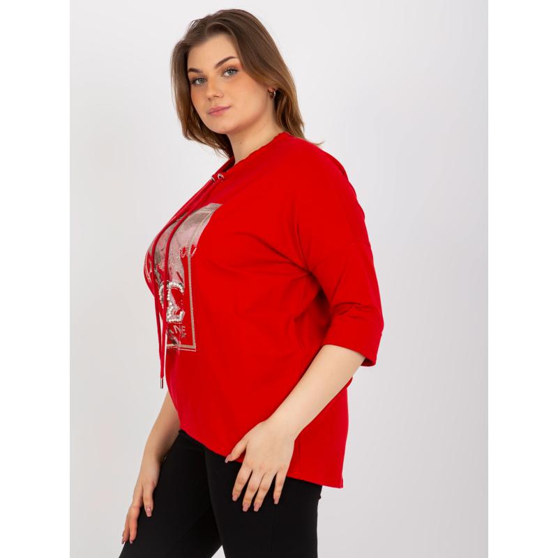 Dámská halenka s perlami a 3/4 rukávy plus size JAIDA červená  