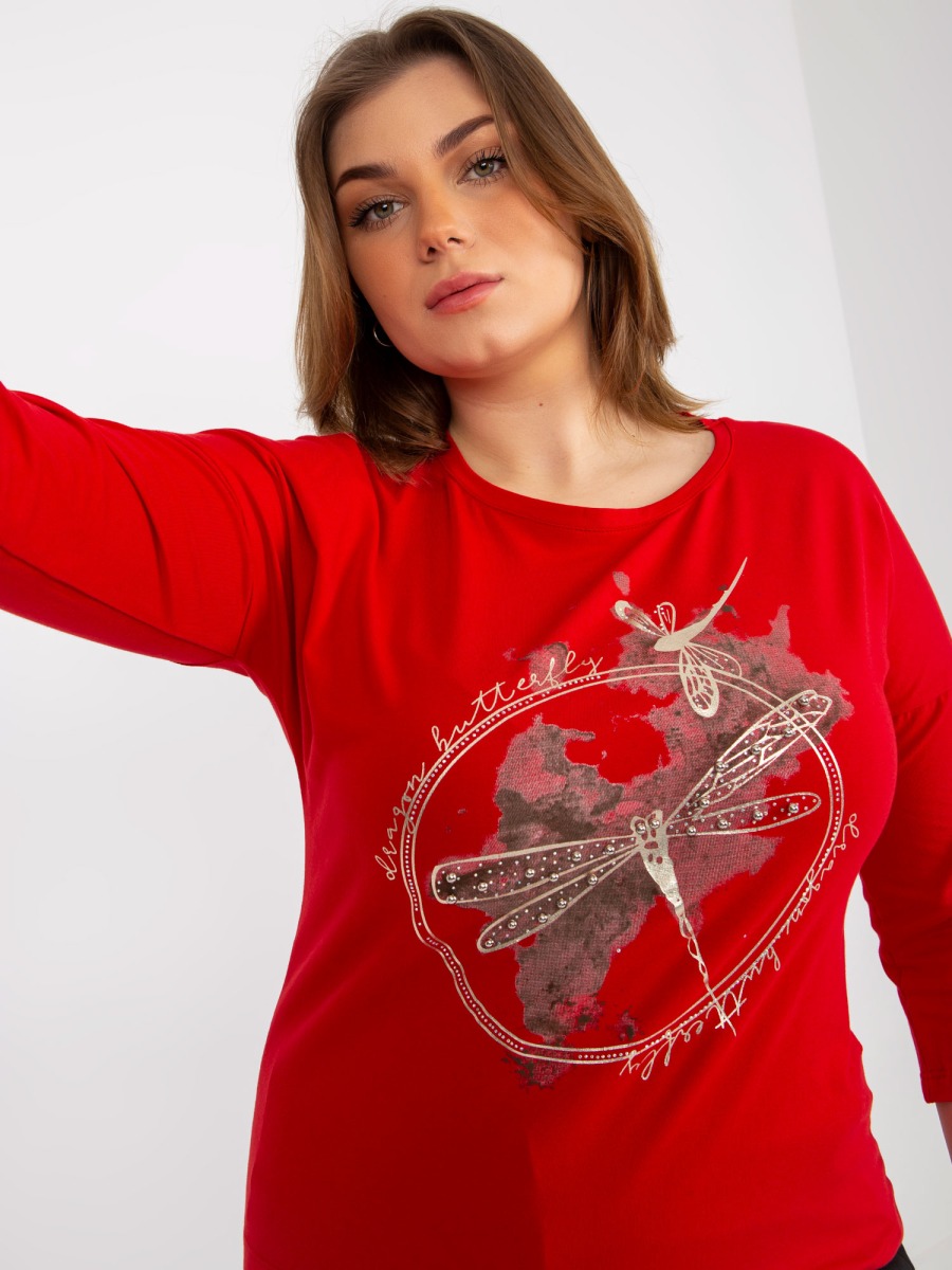 Dámska blúzka s 3/4 rukávmi a potlačou plus size UNA červená