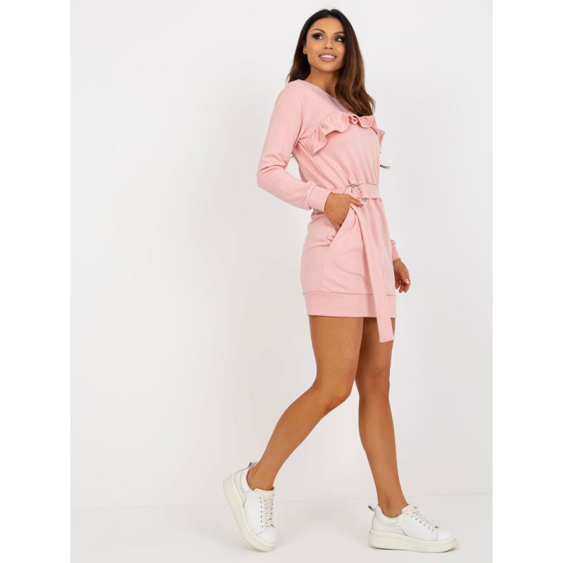 Dámské šaty s volánky a páskem KAYDEN světle růžové  