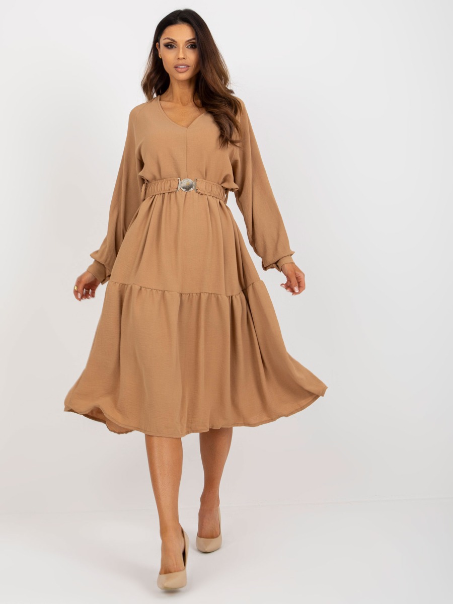 Dámské šaty s volánem midi oversize OCH BELLA hnědé  