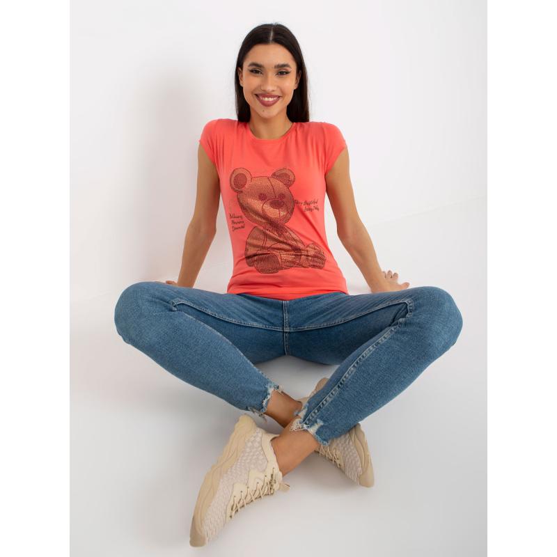 Női póló MOLLIE applikációval korall színű női póló