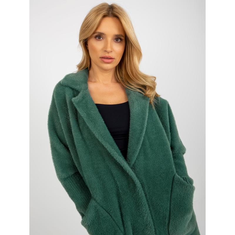Dámský kabát z alpaky s kapsami ELLE tmavě zelený 