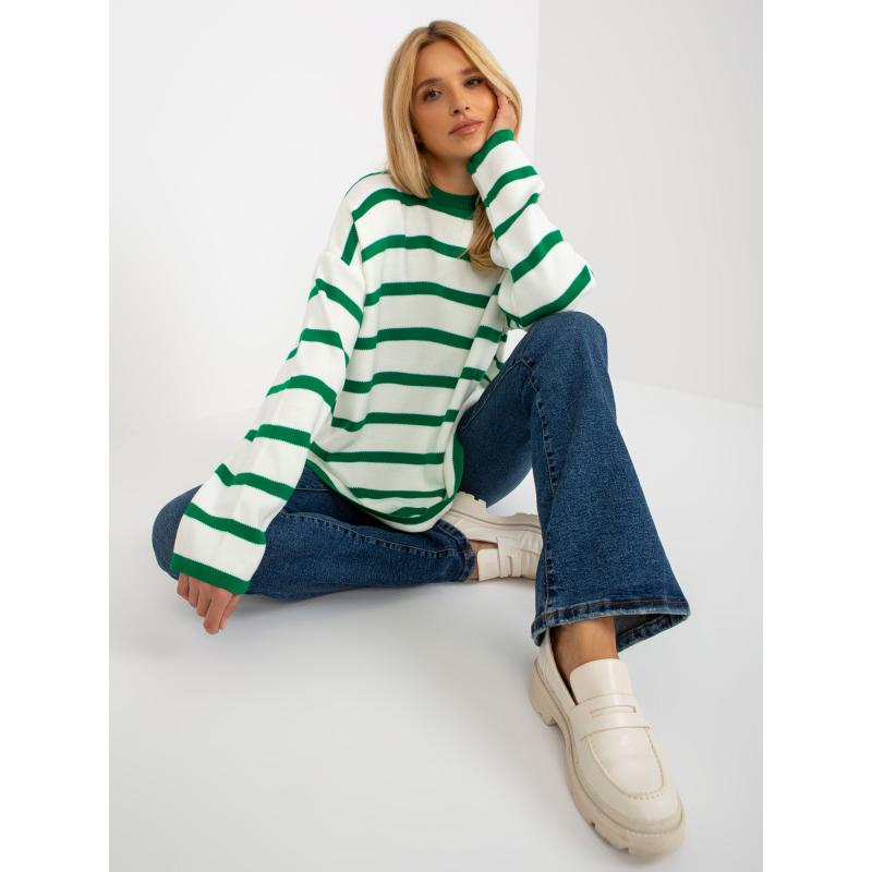 Női túlméretezett gyapjú pulóver RUE PARIS sötétzöld és ekrü színben