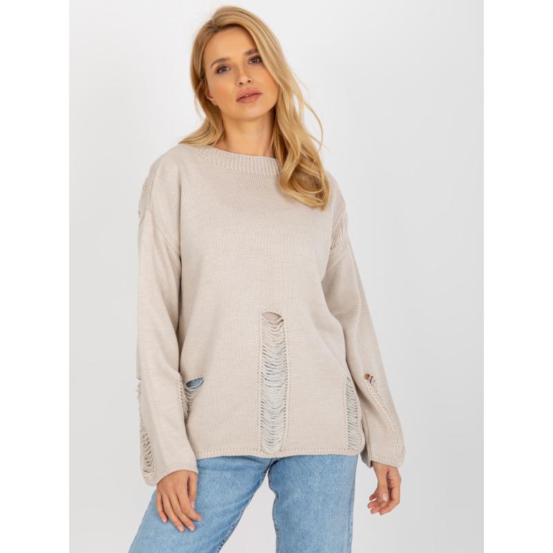 Dámsky sveter oversize s dierami EMMELINE béžový