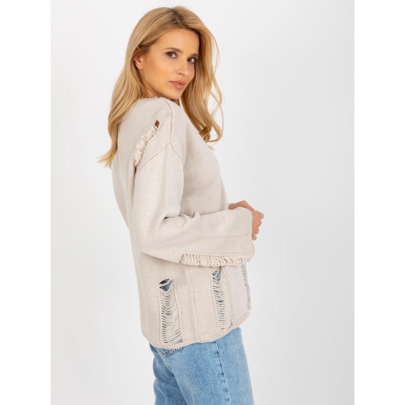 Dámsky sveter oversize s dierami EMMELINE béžový