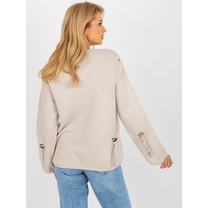 Dámsky sveter oversize s dierami EMMELINE béžový